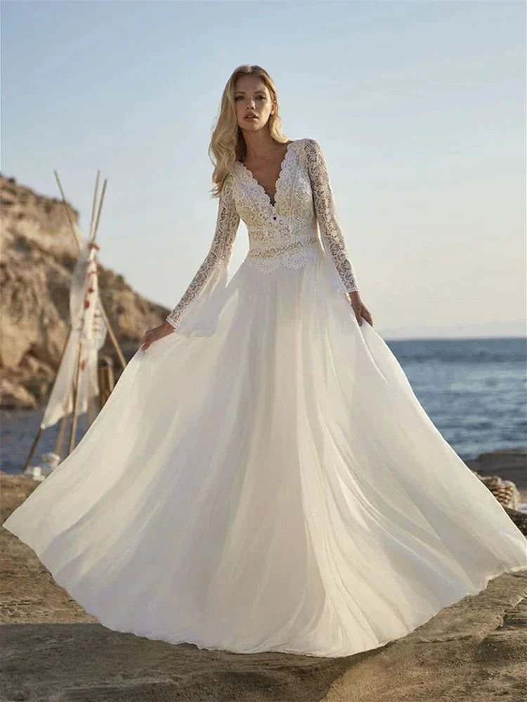 Bohemian A Line Chiffon Wedding Dresses 2024 V Neck Long Sleeve Lace Applique Backless For Women  Bridal Gown Vestidos De Novia (ZD13322)