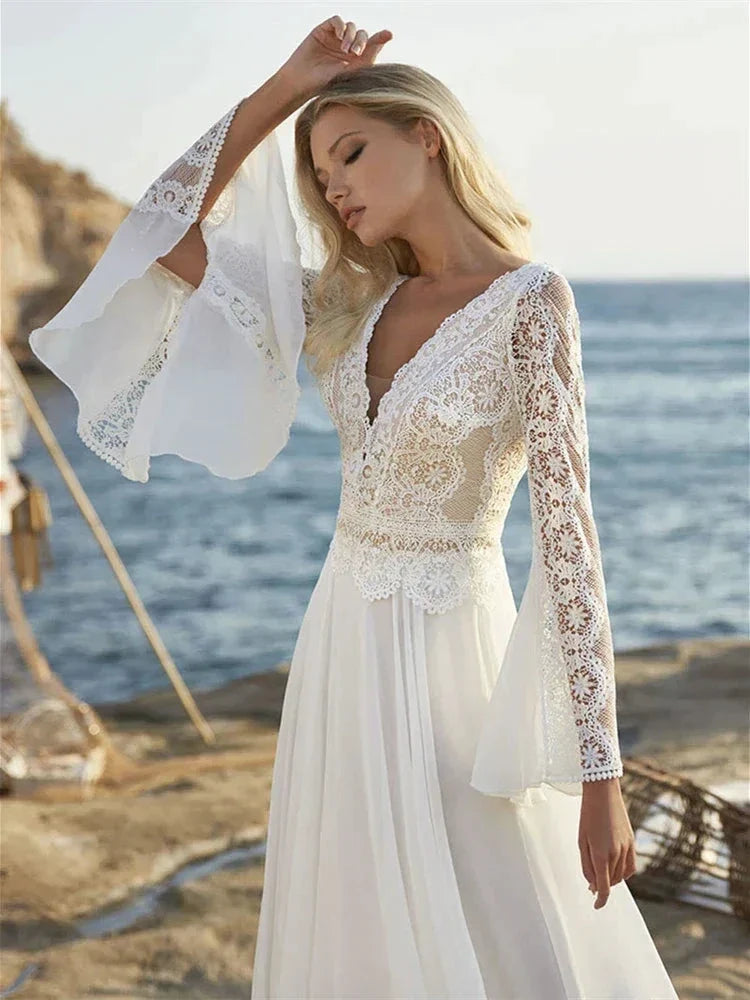 Bohemian A Line Chiffon Wedding Dresses 2024 V Neck Long Sleeve Lace Applique Backless For Women  Bridal Gown Vestidos De Novia (ZD13322)