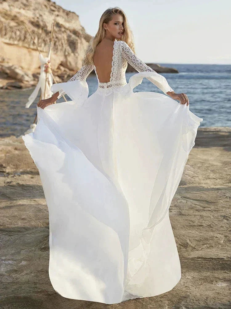 Bohemian A Line Chiffon Wedding Dresses 2024 V Neck Long Sleeve Lace Applique Backless For Women  Bridal Gown Vestidos De Novia (ZD13322)