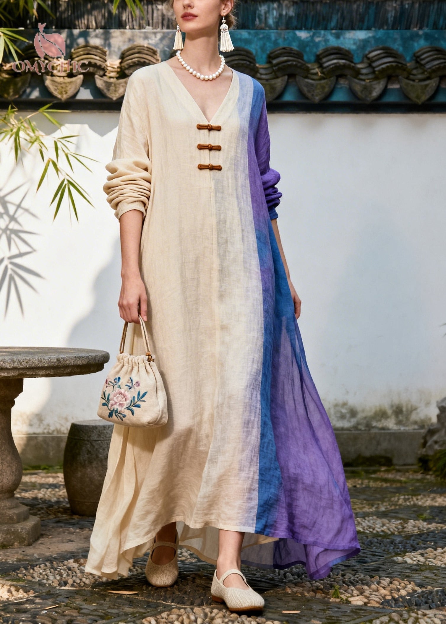 Bohemian Beige Asymmetrical Patchwork Chinese Button Cotton Dress Summer