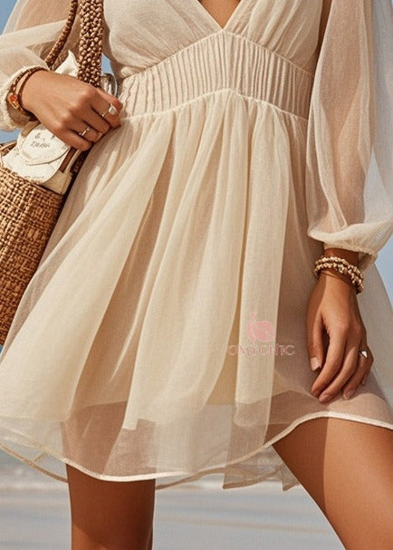 Bohemian Beige V Neck Cinched Tulle Mini Dresses Summer