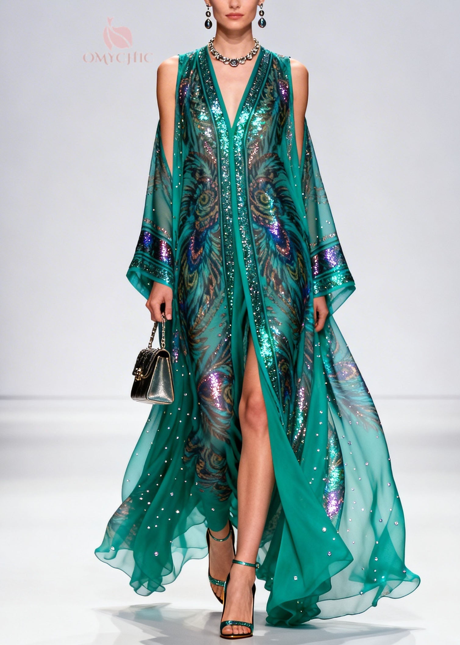 Bohemian Cold Shoulder Print Zircon Chiffon Maxi Dress Summer