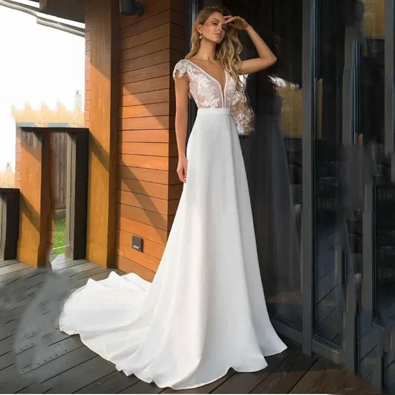 Bohemian Deep V-neck Bridal Dresses 2024 Elegant Lace Sticking Flora Back Chiffon Wedding Gowns De Mariée Customized Robe De (ZD14151)