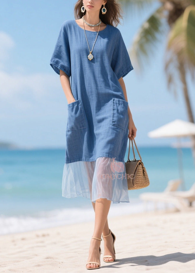 Bohemian Denim Blue Pockets Patchwork Tulle Cotton Long Dress Summer