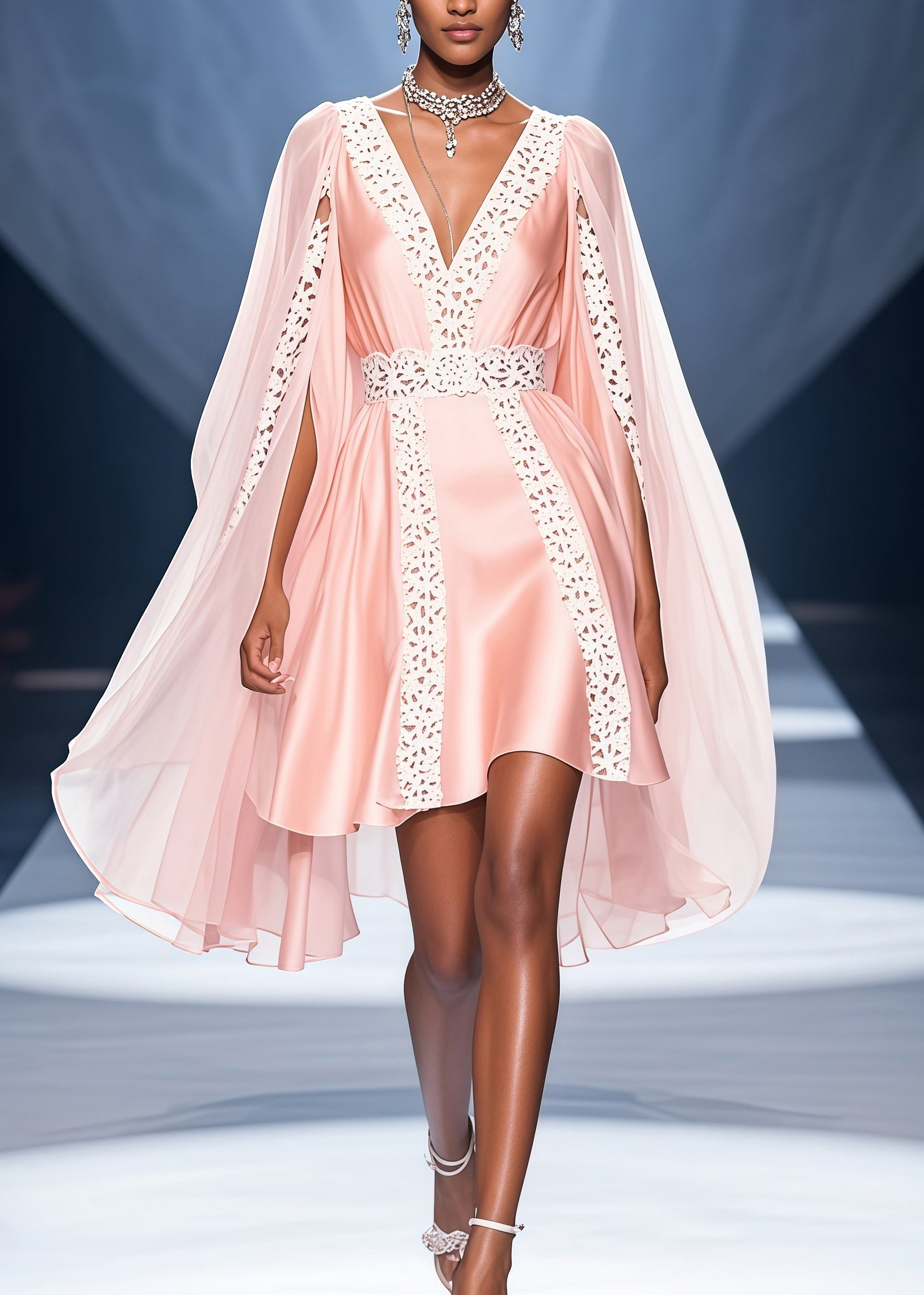 Bohemian Pink V Neck Lace Patchwork Cloak Silk Party Dress Summer