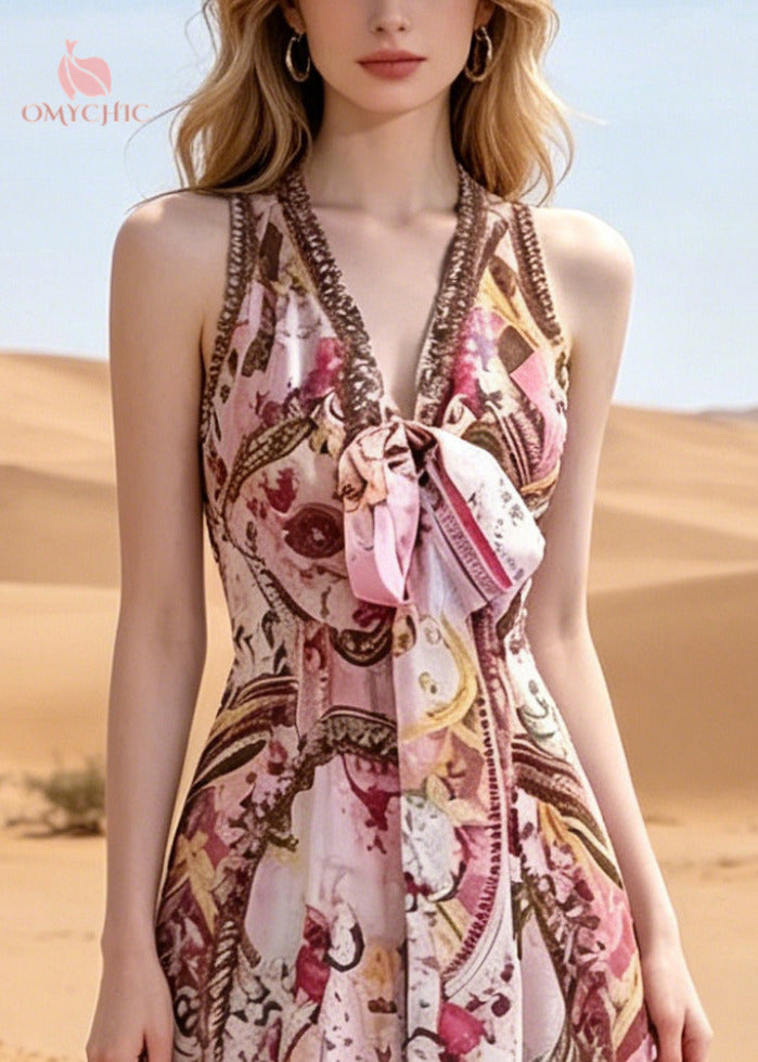 Bohemian Pink V Neck Print Chiffon Beach Dress Summer