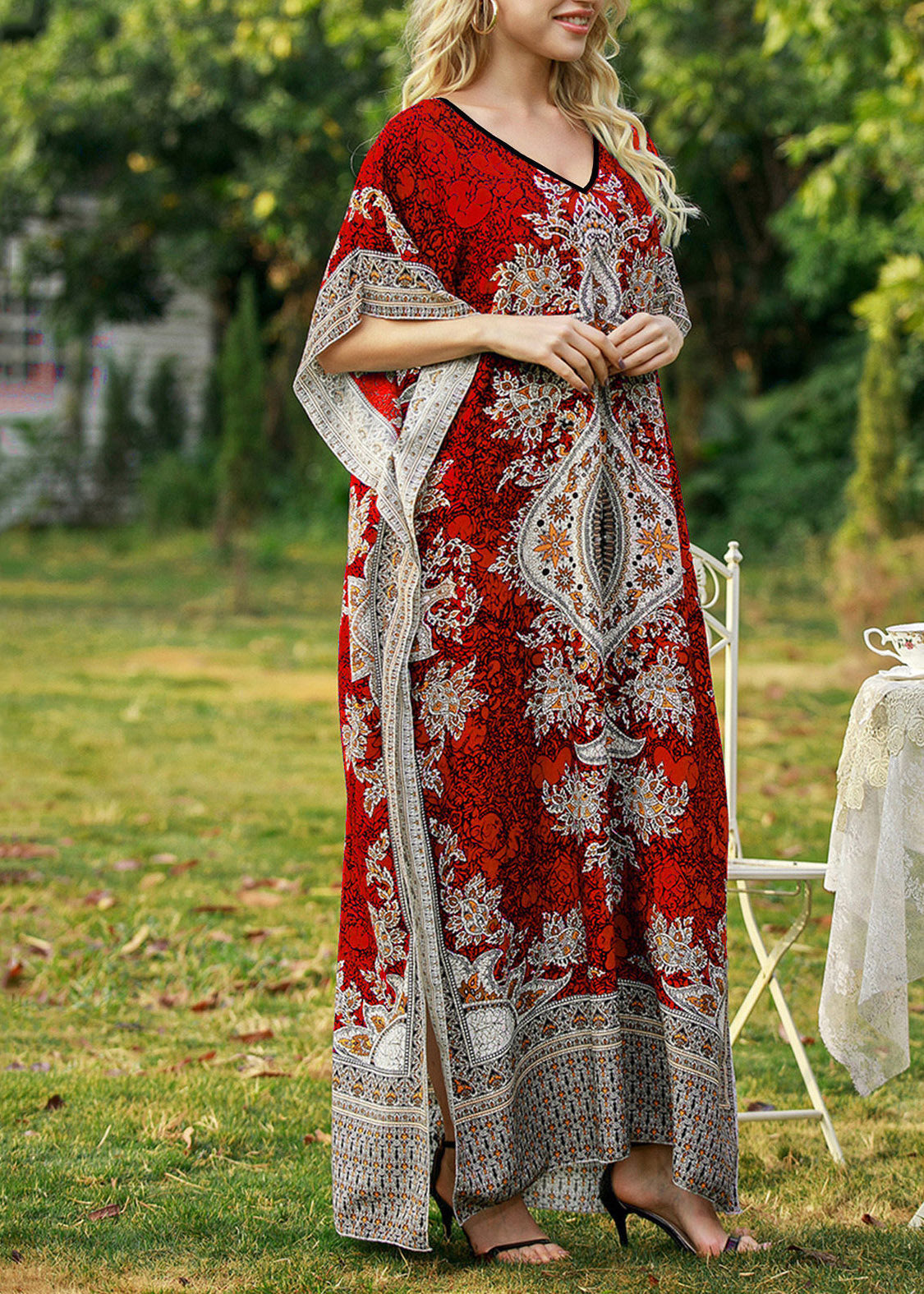 Bohemian Red Maxi Dress V Neck Print Summer