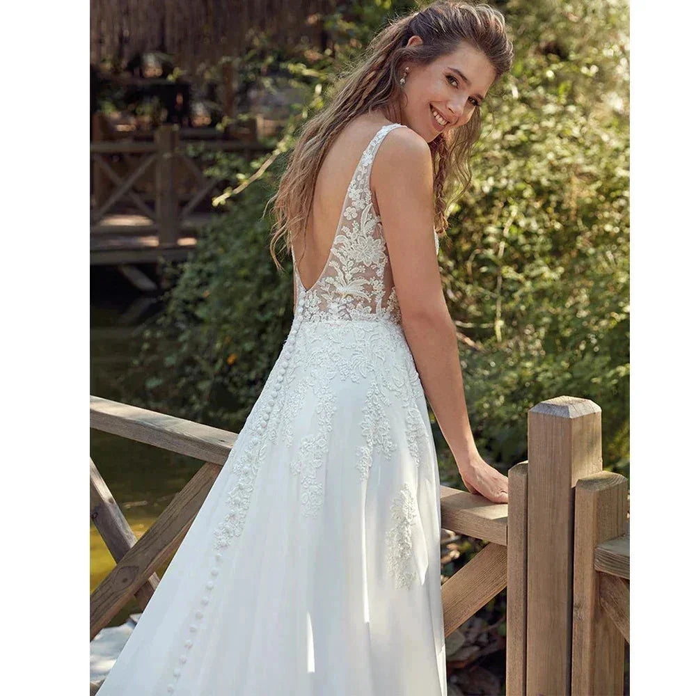 Bohemian Sexy Off Shoulder Sleeveless Beach Mopping Wedding Dresses Lace Appliques V-neck Backless Fascinating Bridal Gowns 2023 (ZD14259)