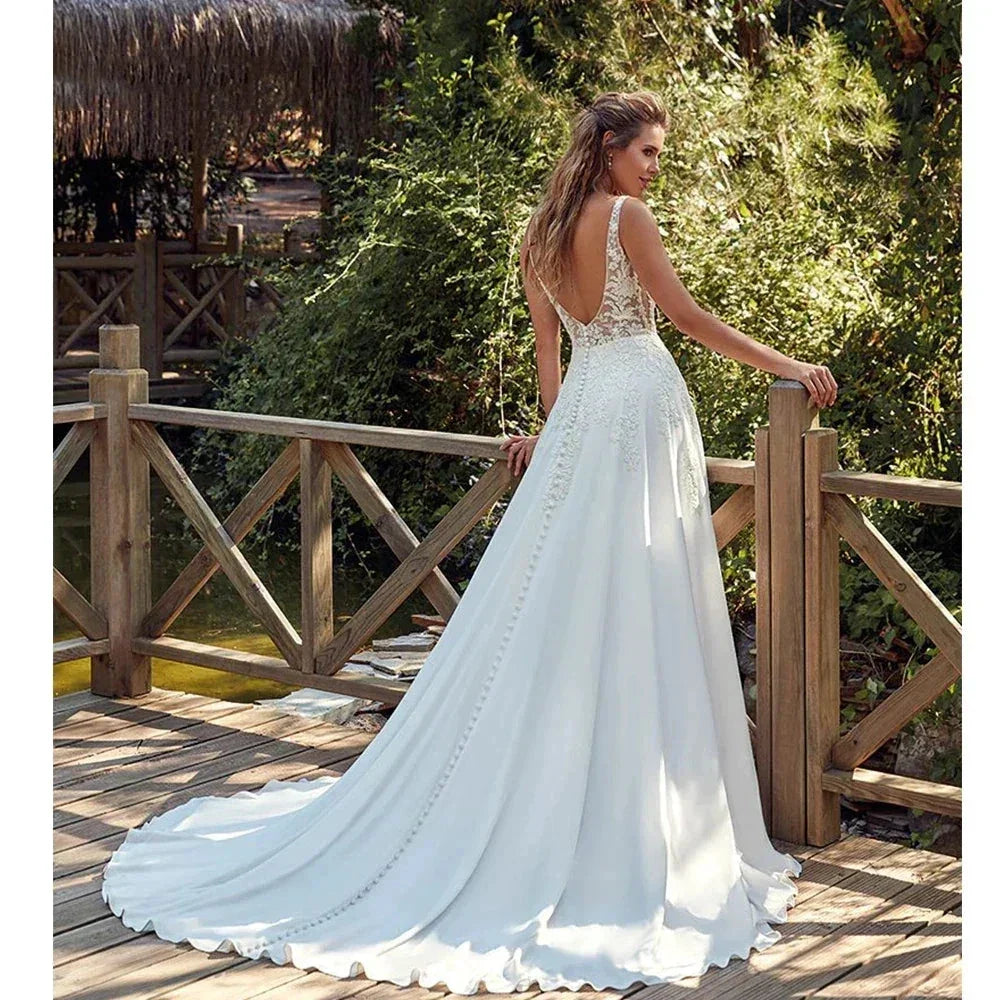 Bohemian Sexy Off Shoulder Sleeveless Beach Mopping Wedding Dresses Lace Appliques V-neck Backless Fascinating Bridal Gowns 2023 (ZD14259)