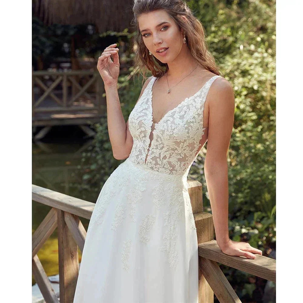 Bohemian Sexy Off Shoulder Sleeveless Beach Mopping Wedding Dresses Lace Appliques V-neck Backless Fascinating Bridal Gowns 2023 (ZD14259)