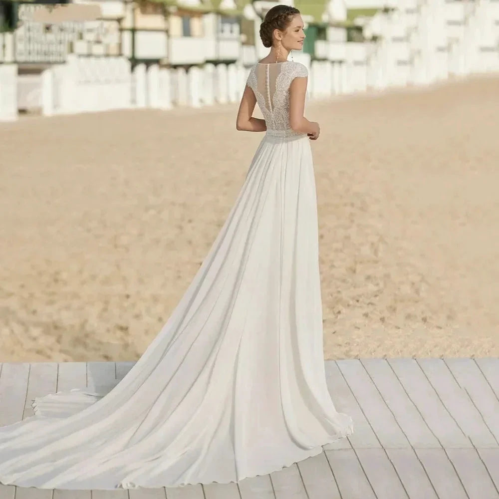 Bohemian V Neck Chiffon Wedding Dresses Short Sleeve Illusion Buttons Back Lace Vestido De Noiva Robe De Mariee (ZD14056)