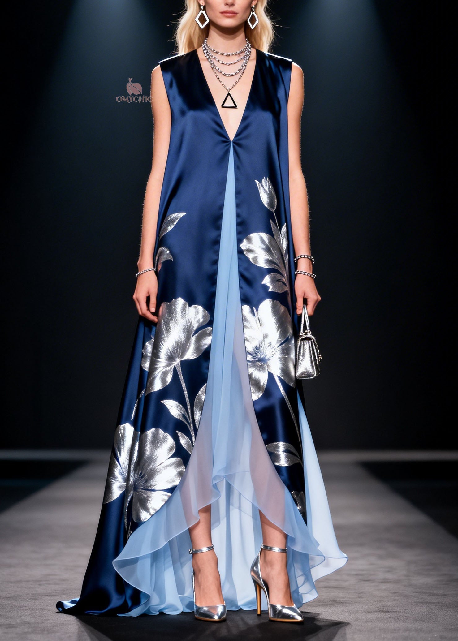 Bohemian V Neck Print Patchwork Silk Long Dress Summer