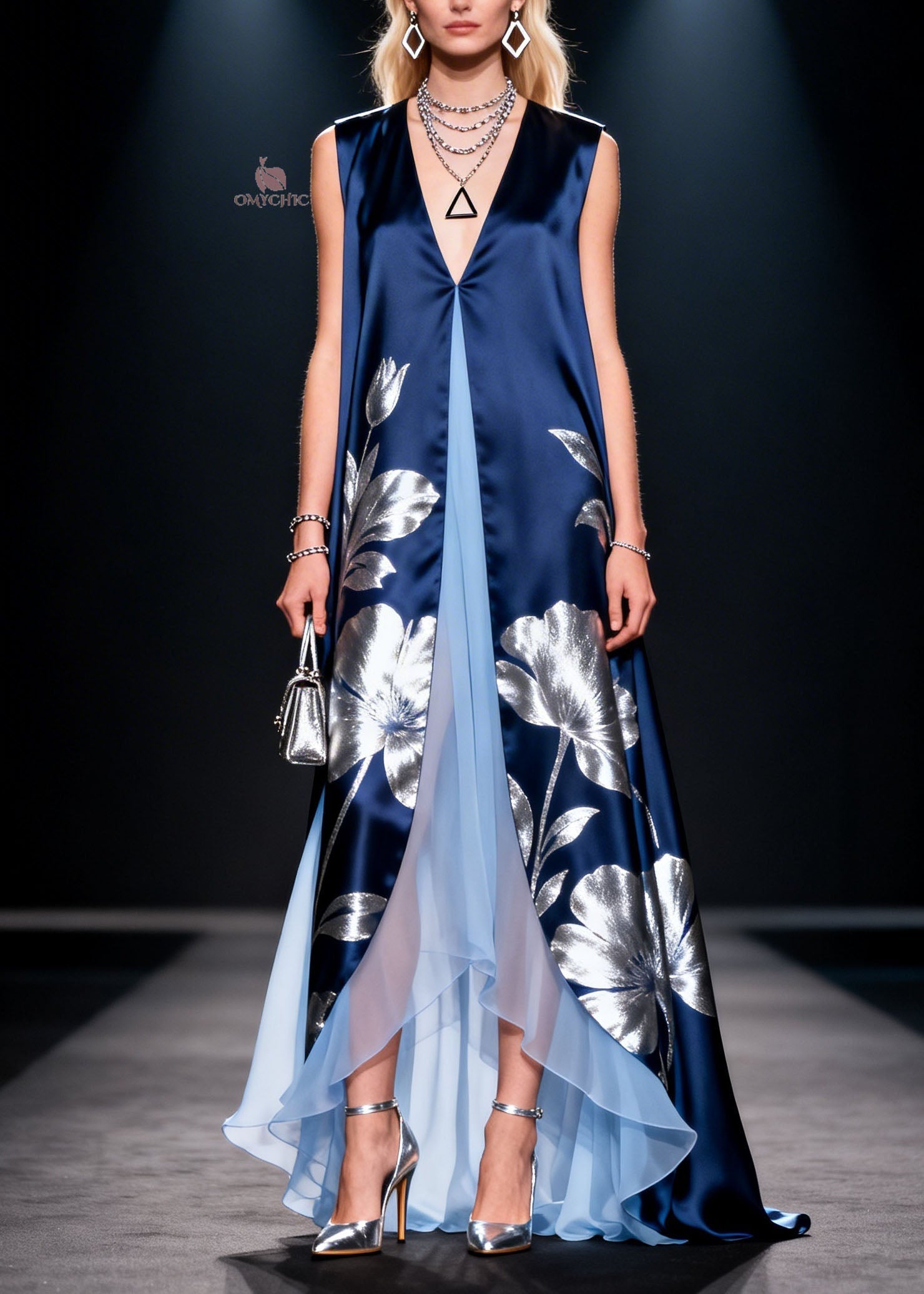 Bohemian V Neck Print Patchwork Silk Long Dress Summer