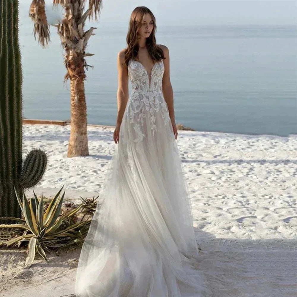 Bohemian Wedding Dresses Women's Sexy Backless Lace Applique Sleeveless V-Neck A-Line Princess Bridal Gowns Formal Beach Party by payinti