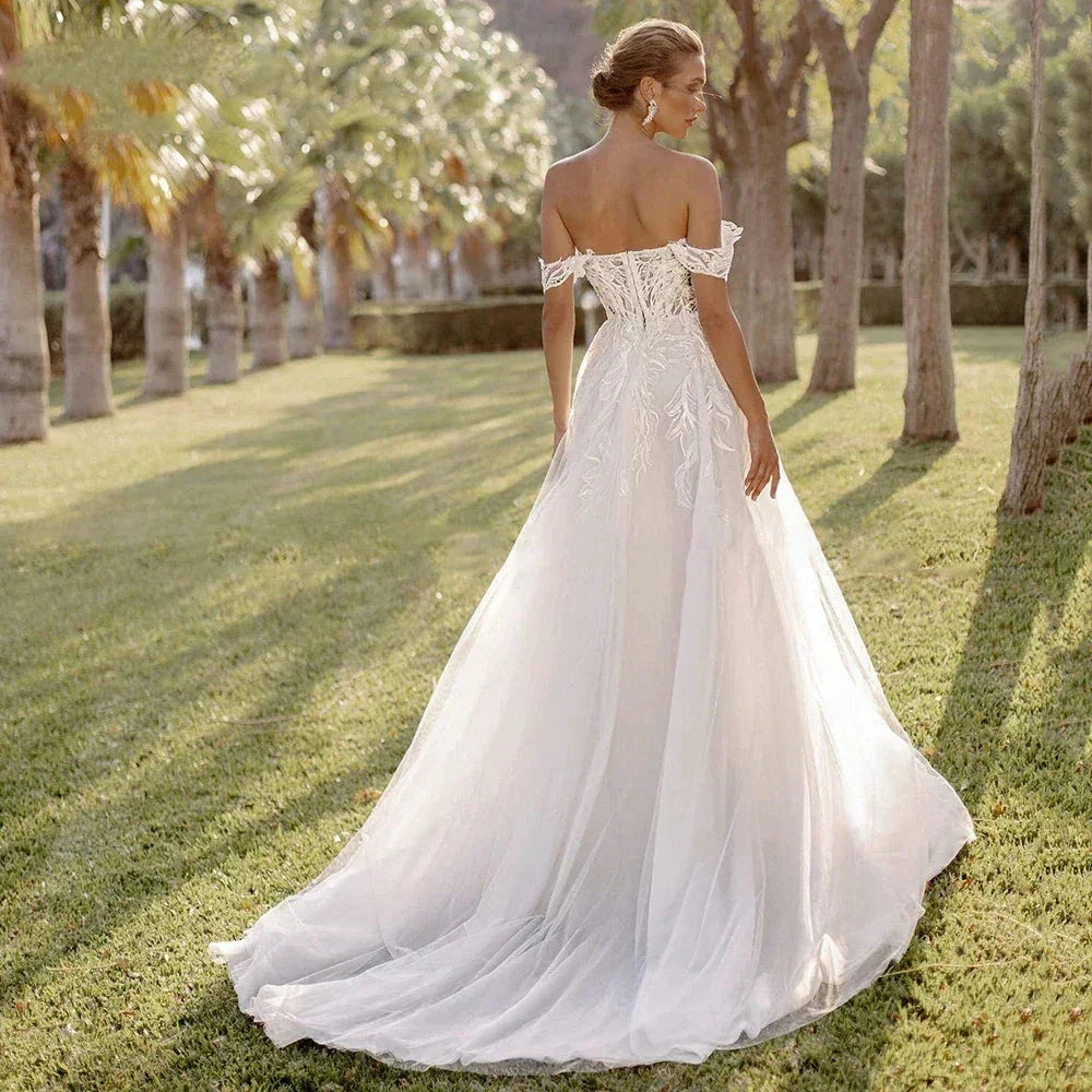 Bohemian Women's Wedding Dresses Sexy Off Shoulder A-Line Sheer Sticker Princess Prom Bridal Gowns  Vestidos De Novia Robe (ZD14193)