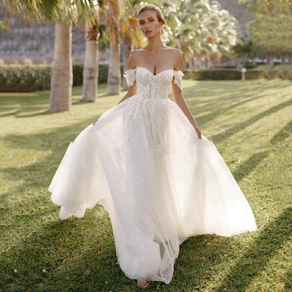 Bohemian Women's Wedding Dresses Sexy Off Shoulder A-Line Sheer Sticker Princess Prom Bridal Gowns  Vestidos De Novia Robe (ZD14193)