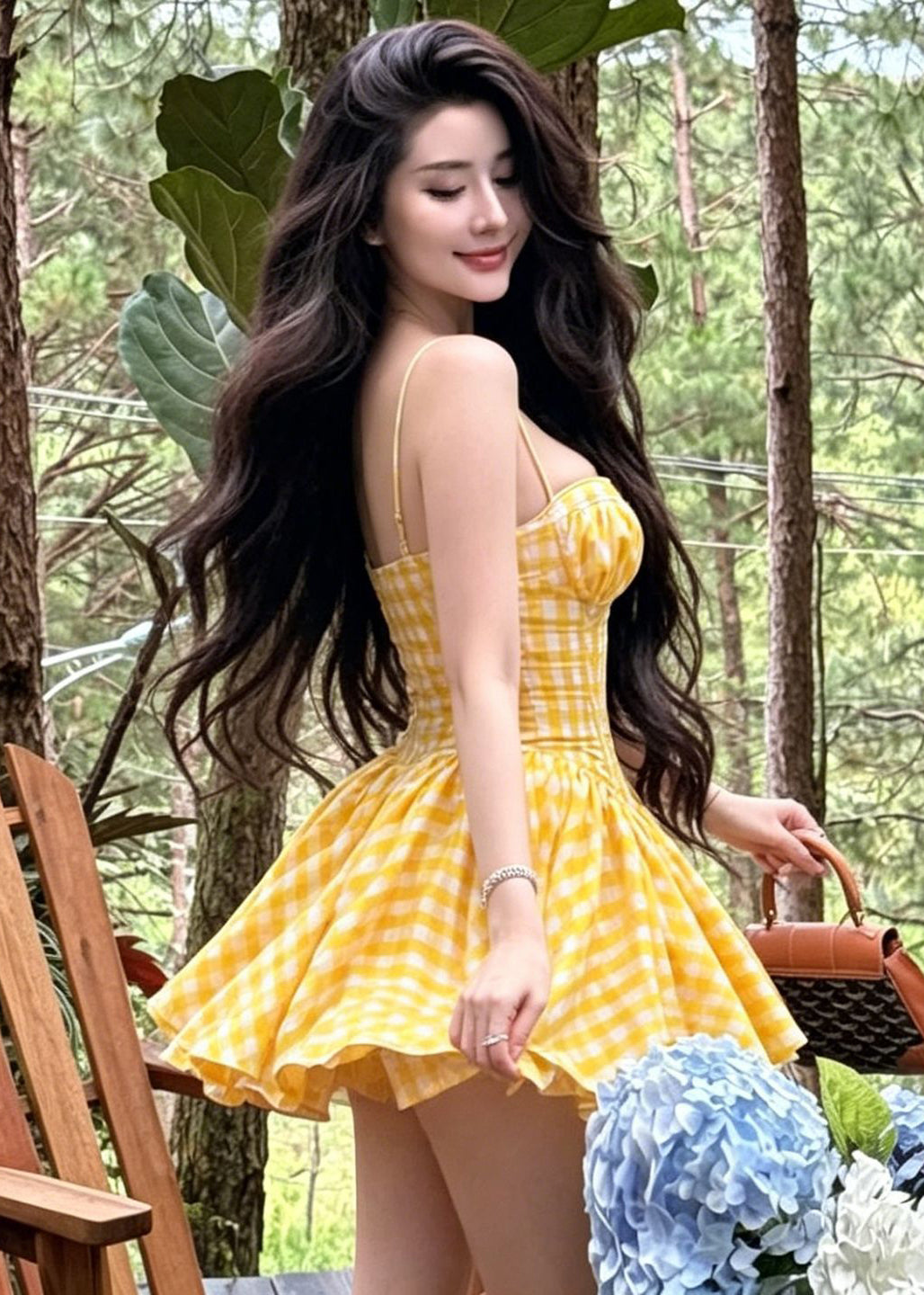 Bohemian Yellow Plaid Mini Spaghetti Strap Dress Summer