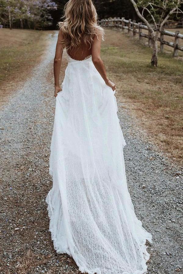 Bohemian A Line V Neck Lace Split Wedding Dresses with Appliques (ZD16238)