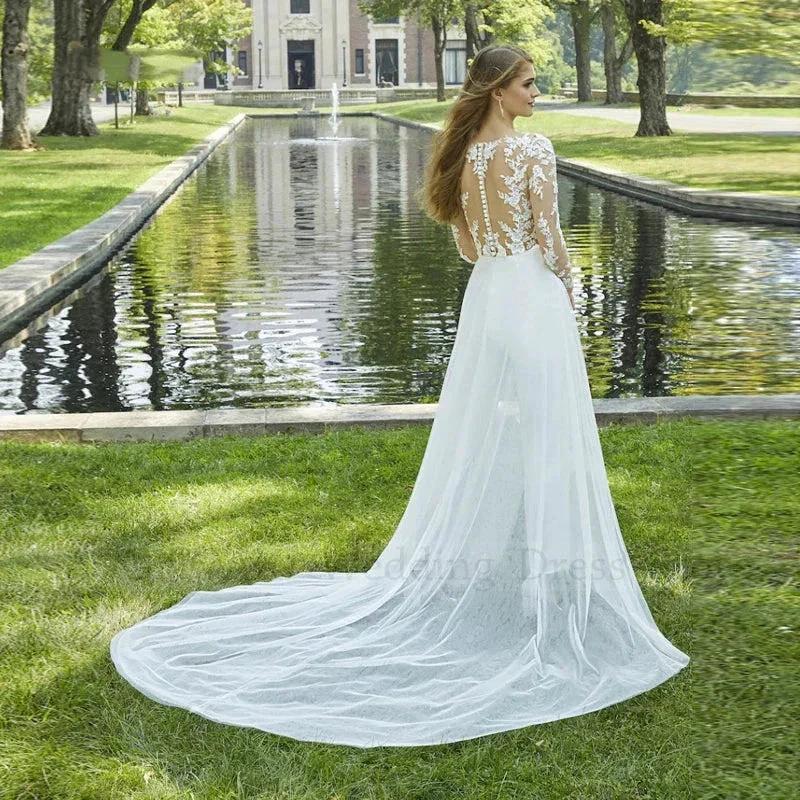 Boho 2 In 1 Lace Jumpsuit Wedding Dresses for Women Sweep Train A-Line Appliques Sexy Beach Bridal Gown Vestidos De Novia (ZD13361)