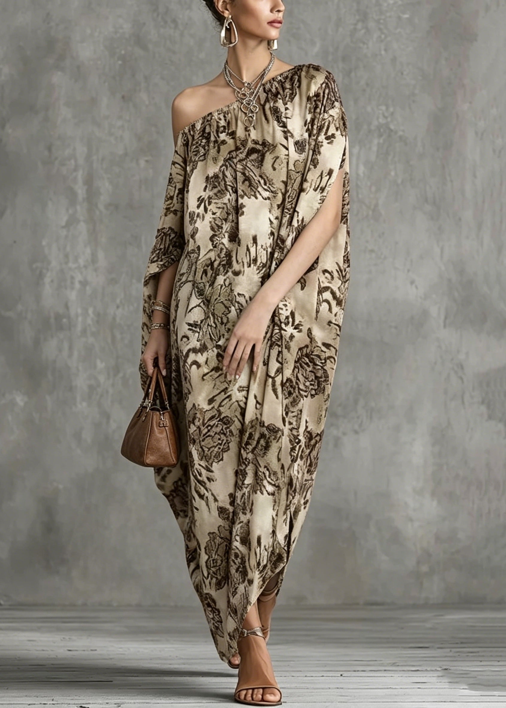 Boho Asymmetrical Design Print Cotton Dress Batwing Sleeve