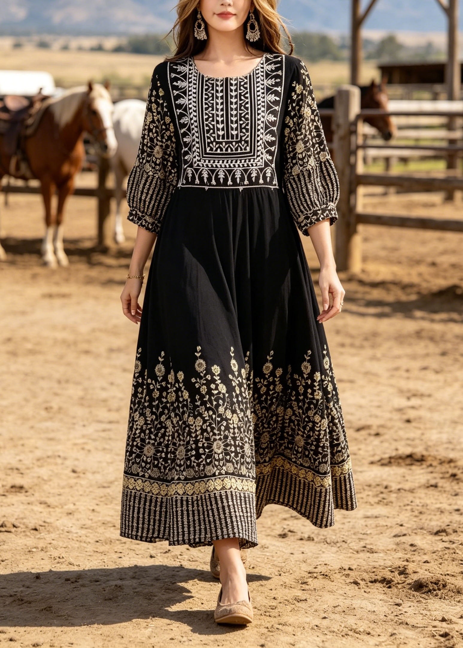 Boho Black O Neck Print Cotton Long Dresses Summer