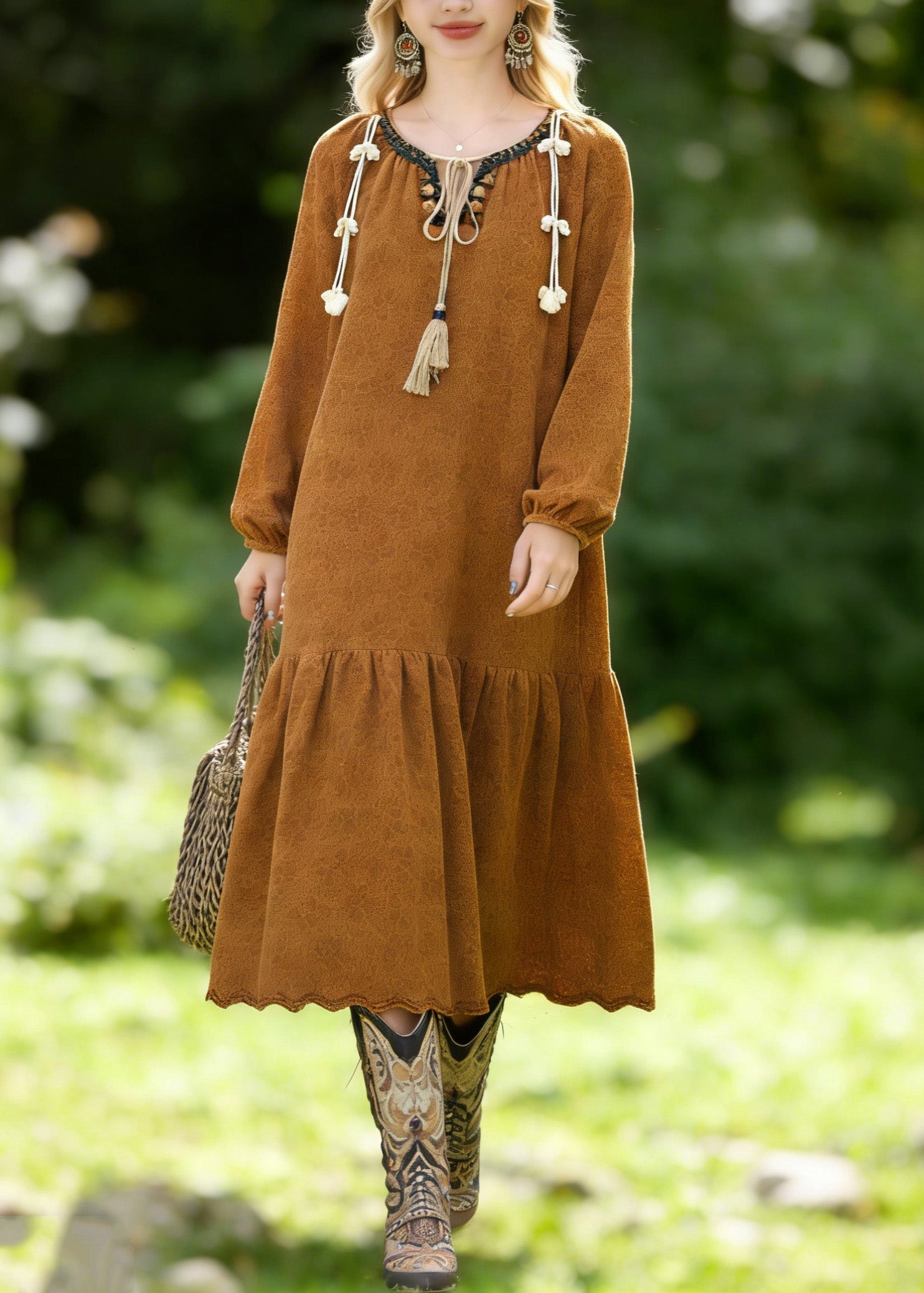 Boho Brown O Neck Jacquard Lace Vacation Dresses Spring