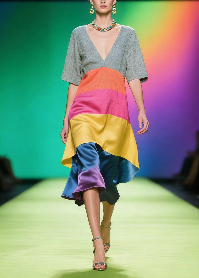 Boho Colorblock V Neck Patchwork Linen Silk Dress Summer