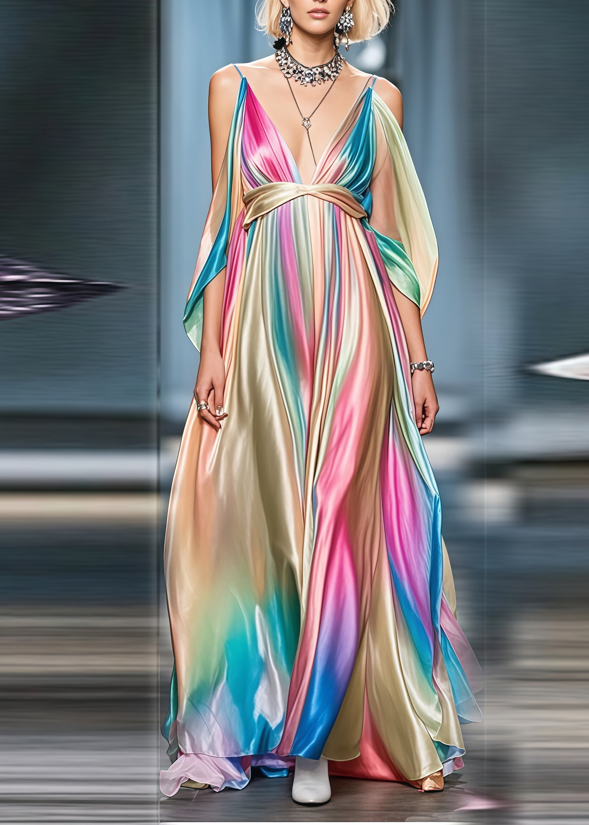 Boho Gradient Color Cold Shoulder Exra Large Hem Silk Party Dress Summer