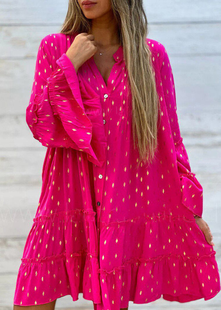 Boho Green Ruffled Patchwork Mid Dress Flare Sleeve