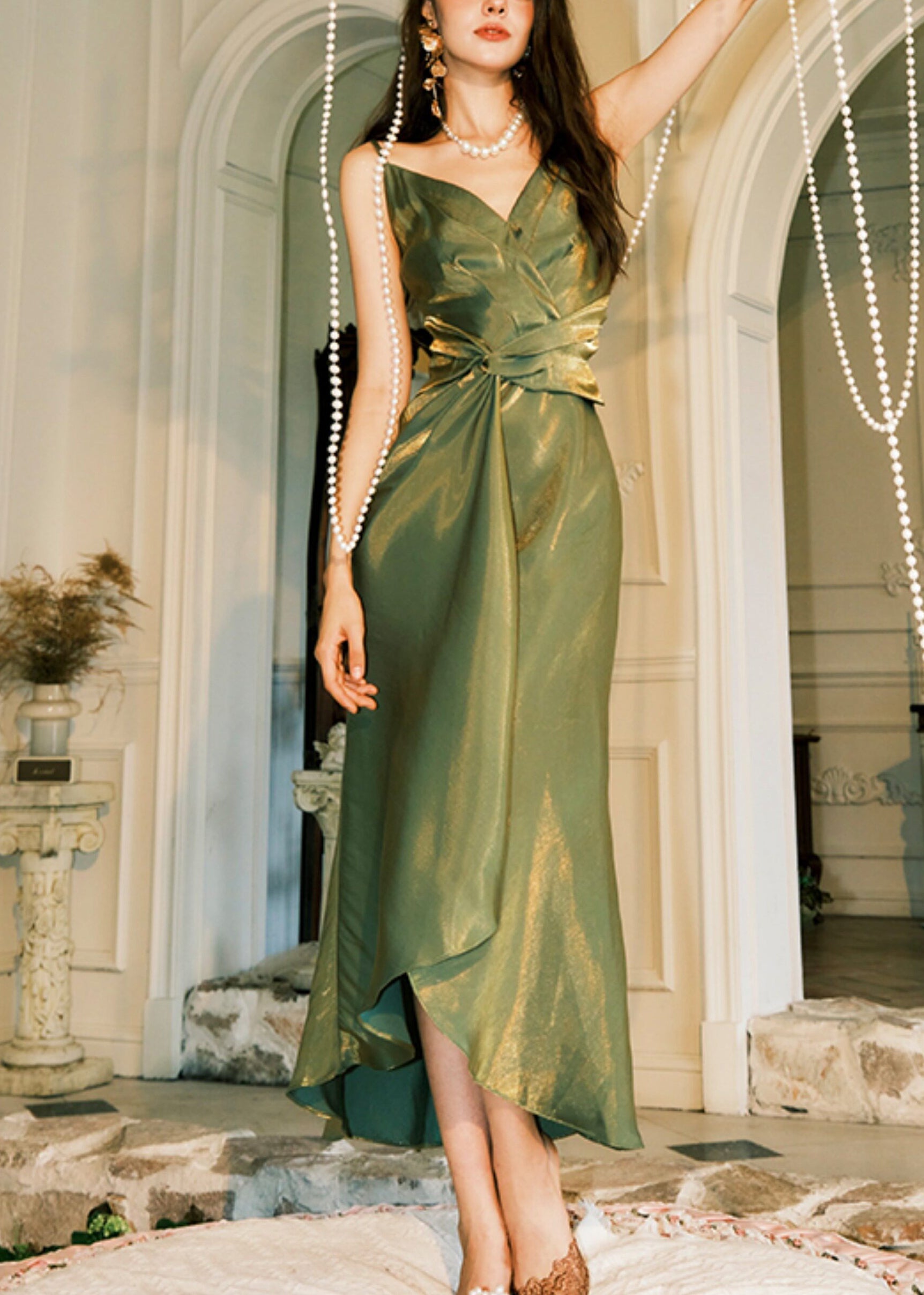 Boho Green V Neck Flattering Long Spaghetti Strap Sundress Sleeveless