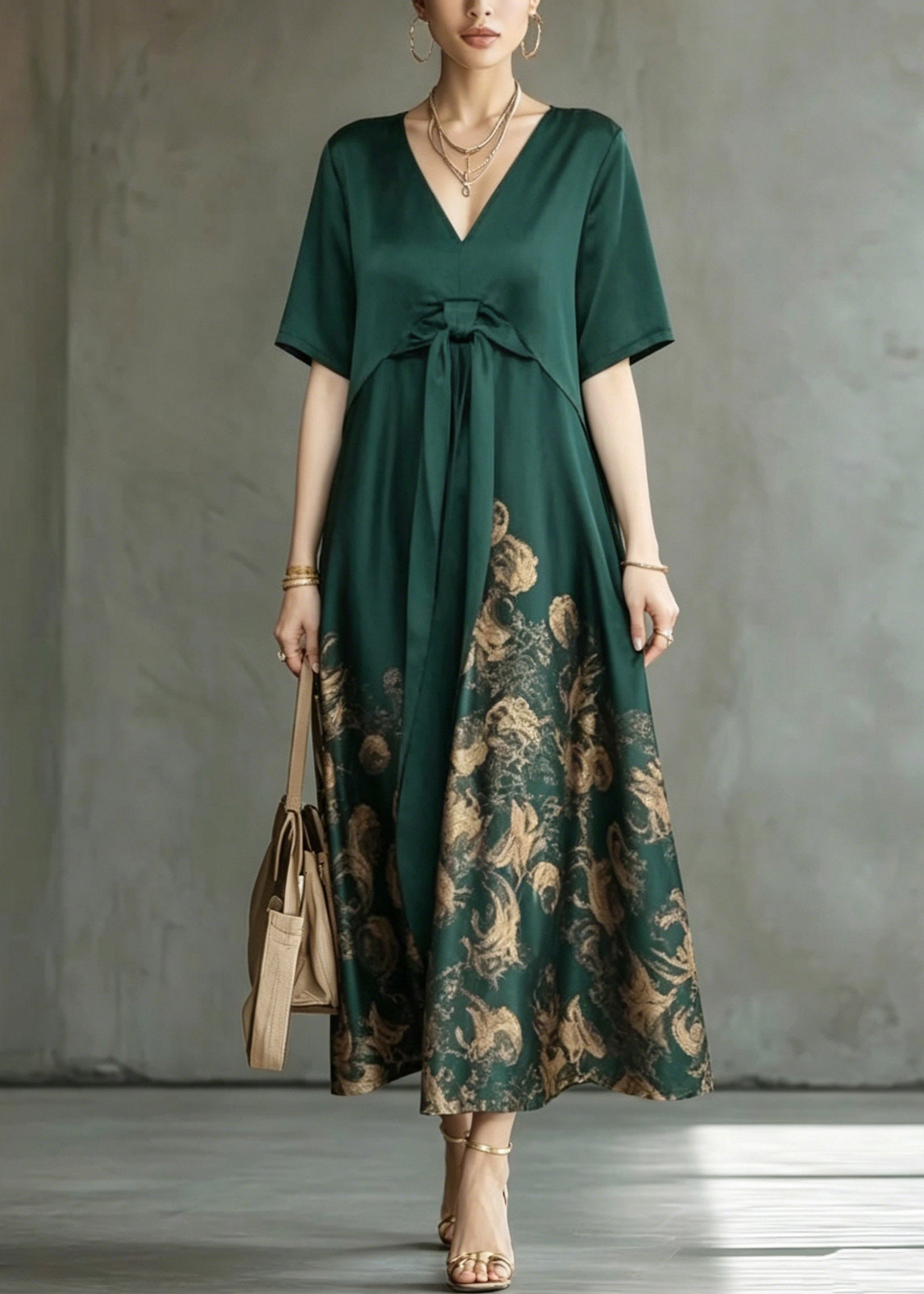 Boho Green Wrinkled Patchwork Maxi Dress Short Sleeve