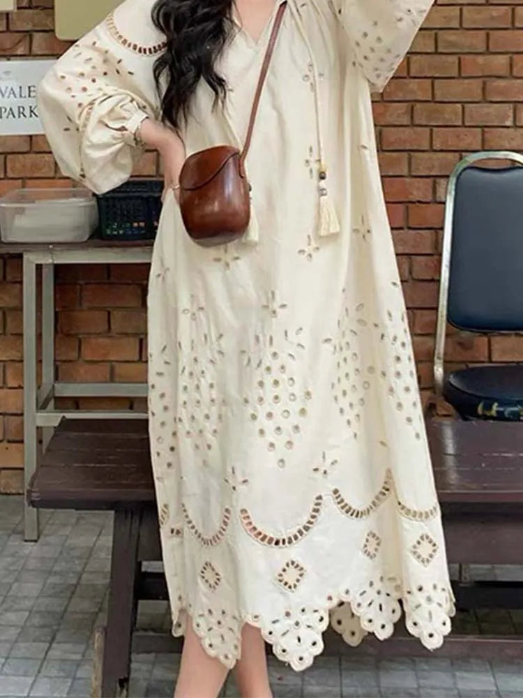 Korean Style Retro Long Sleeve VNeck Boho Hollow Out Maxi Dress