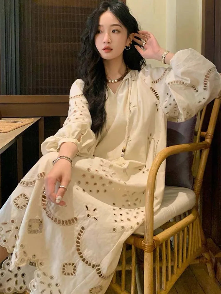 Korean Style Retro Long Sleeve VNeck Boho Hollow Out Maxi Dress