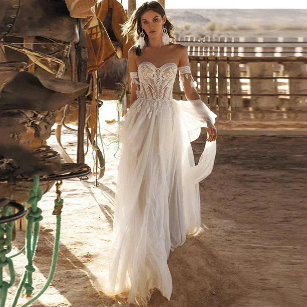 Boho Lace Tassel Tulle Beach Wedding Dresses Sweetheart Neck Off The Shoulder A-Line Illusion Lace Up Backless 2023 Bridal Gowns (ZD14135)