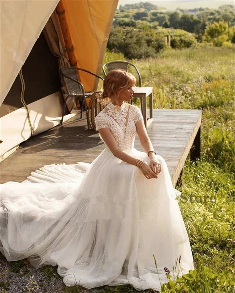 Boho Lace Tulle High Neck Wedding Dresses Women's Cap Sleeves A-Line Bohemian Bridal Gowns Vintage Elegant Robes De Mariée (ZD14183)