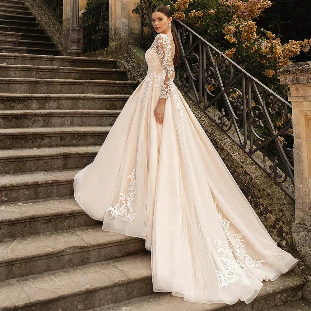 Boho Lace Tulle Wedding Dress  Princess Champagne A-Line V-Neck Long Sleeves Appliques Illusion Backless With Button Bridal Gown (ZD13452)