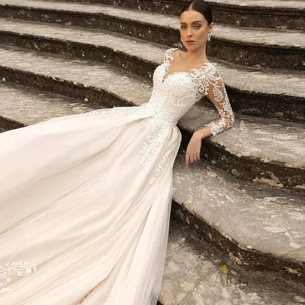 Boho Lace Tulle Wedding Dress  Princess Champagne A-Line V-Neck Long Sleeves Appliques Illusion Backless With Button Bridal Gown (ZD13452)