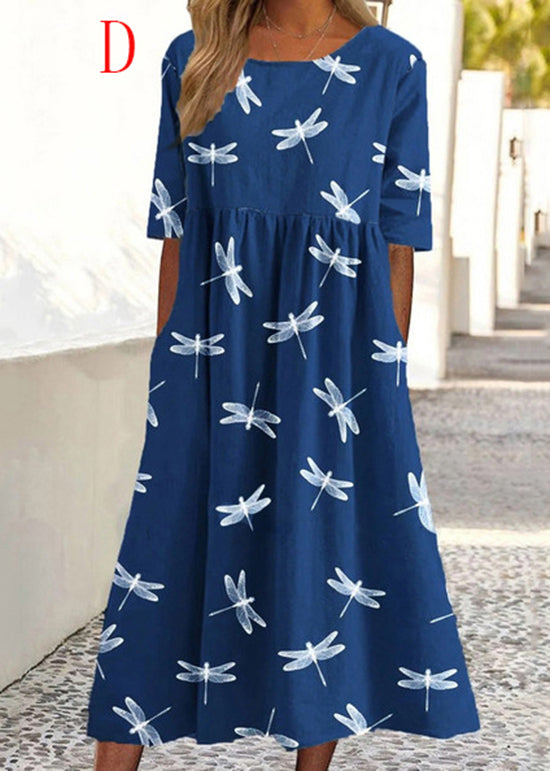 Boho O Neck Print Pockets Loose Cotton Dresses Summer