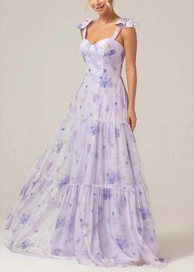 Boho Purple Print Lace Up Chiffon Long Dress Summer