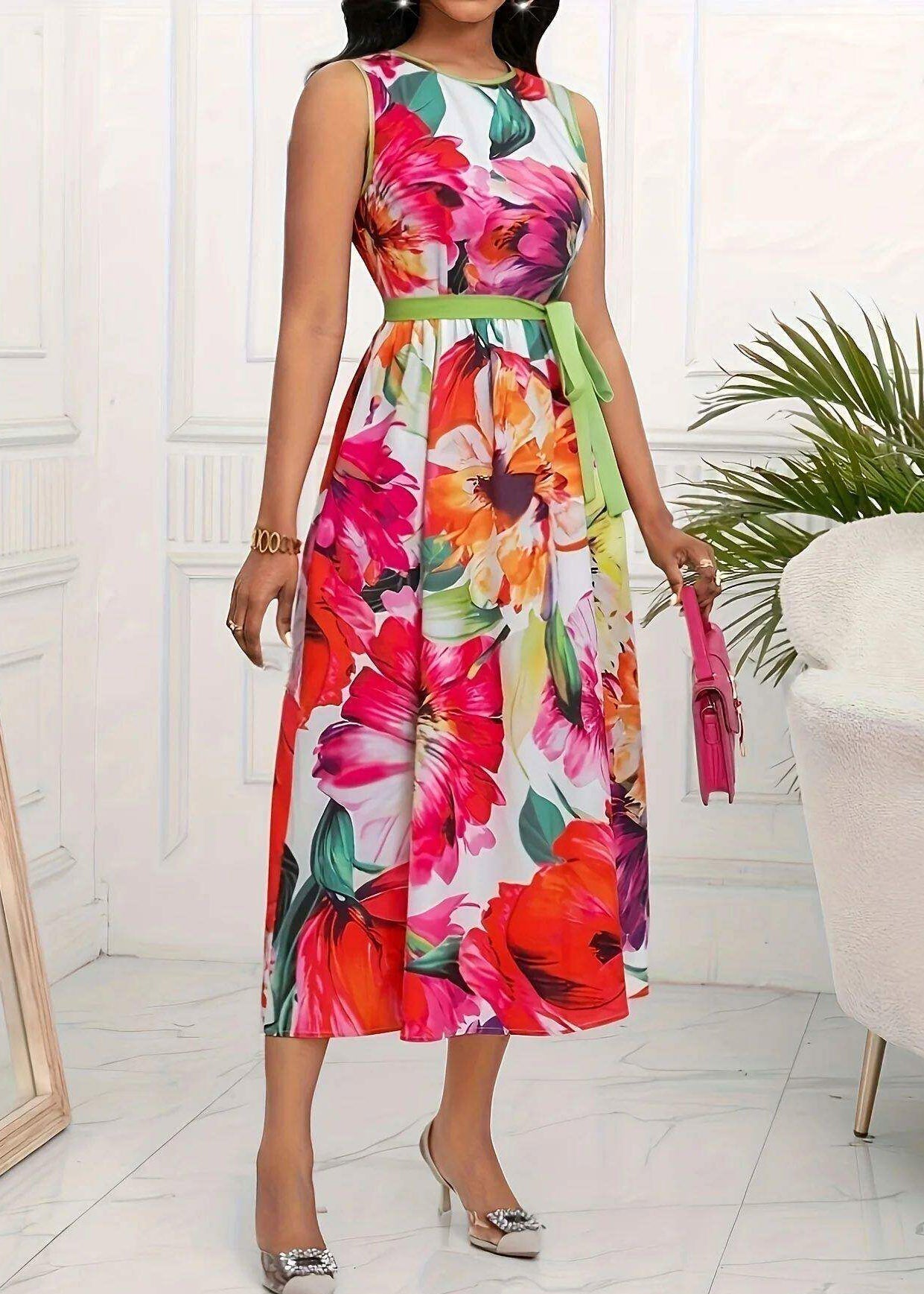 Boho Red O-Neck Print Tie Waist Maxi Dress Sleeveless