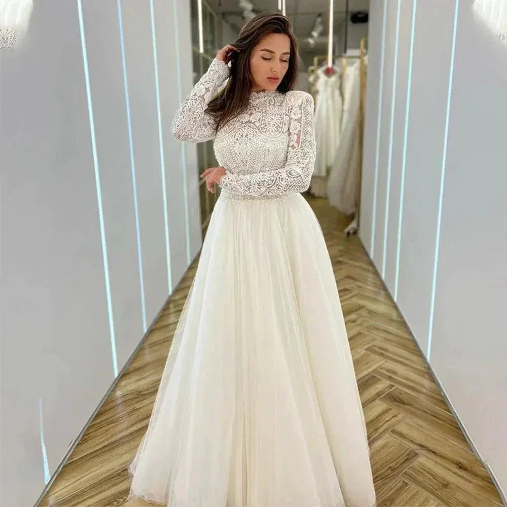 Romantic Wedding Dresses Mermaid High Neck Long Sleeves Exquisite Lace Appliques Princess Style Beach Mopping Bride Gowns (ZD13441)