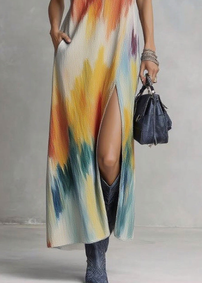 Boho V Neck Side Open Print Long Dresses Sleeveless