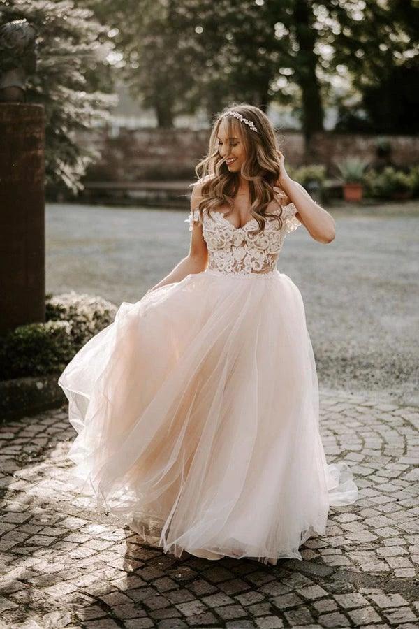 A-line Boho Champagne Off The Shoulder Wedding Dress Bridal Gown (ZD16221)