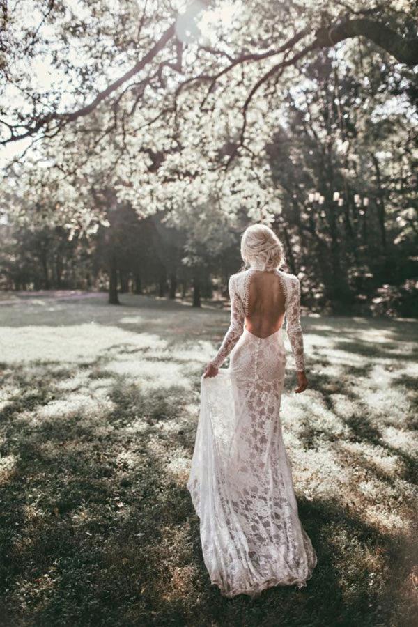 Boho High Neckline Long Sleeves Lace Wedding Dresses Rustic Wedding (ZD16210)