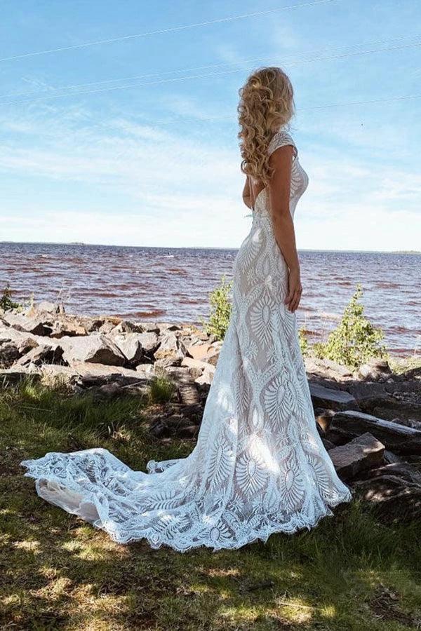 Boho Lace Sheath Sweep Train Sheath Beach Wedding Dresses (ZD16212)