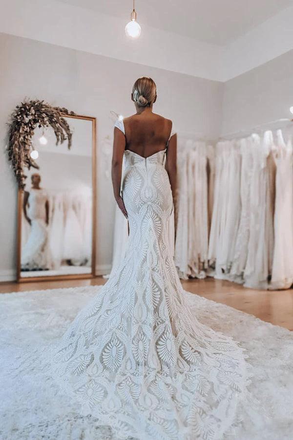 Boho Lace Sheath Sweep Train Sheath Beach Wedding Dresses (ZD16212)