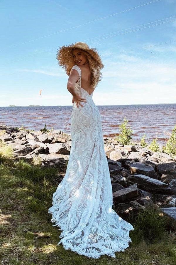 Boho Lace Sheath Sweep Train Sheath Beach Wedding Dresses (ZD16212)