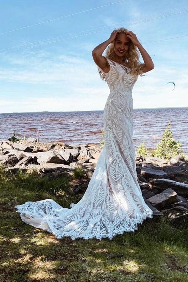 Boho Lace Sheath Sweep Train Sheath Beach Wedding Dresses (ZD16212)