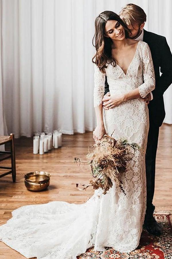 Boho Lace V Neck Mermaid Wedding Dresses With Court train (ZD16223)