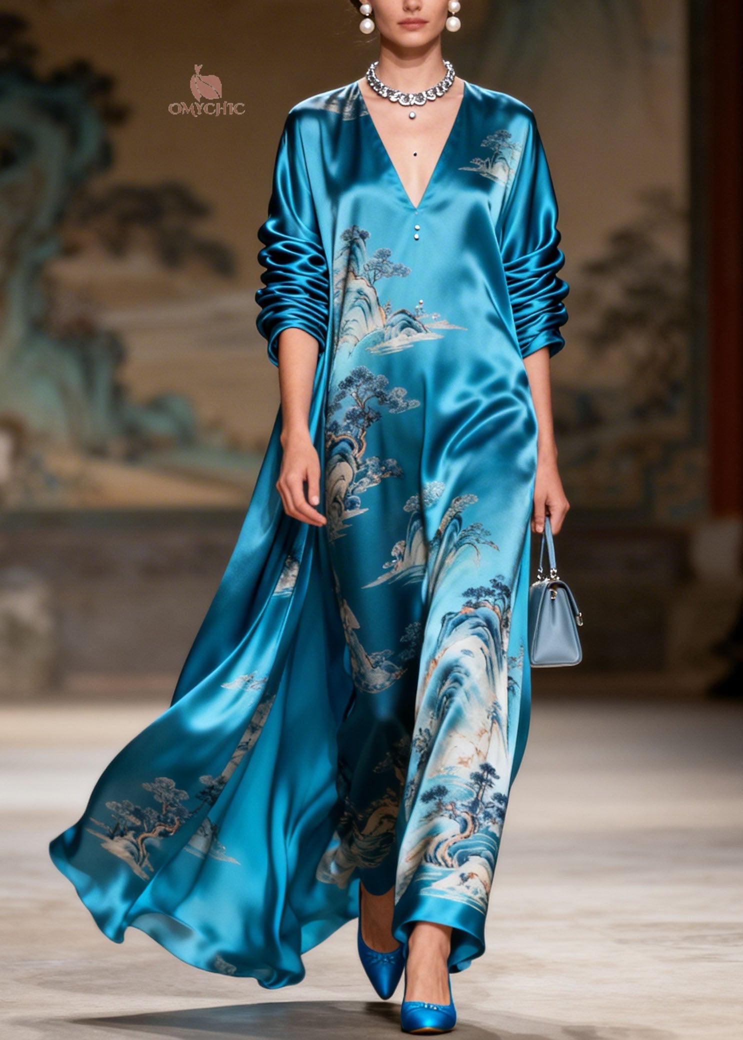 Boutique Blue V Neck Print Silk Long Dress Summer